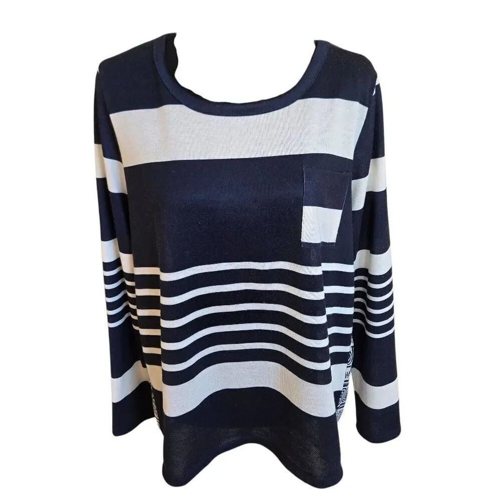 Tribal Womens Navy Blue White Striped Casual Long Sleeved Pullover Top Size Medi